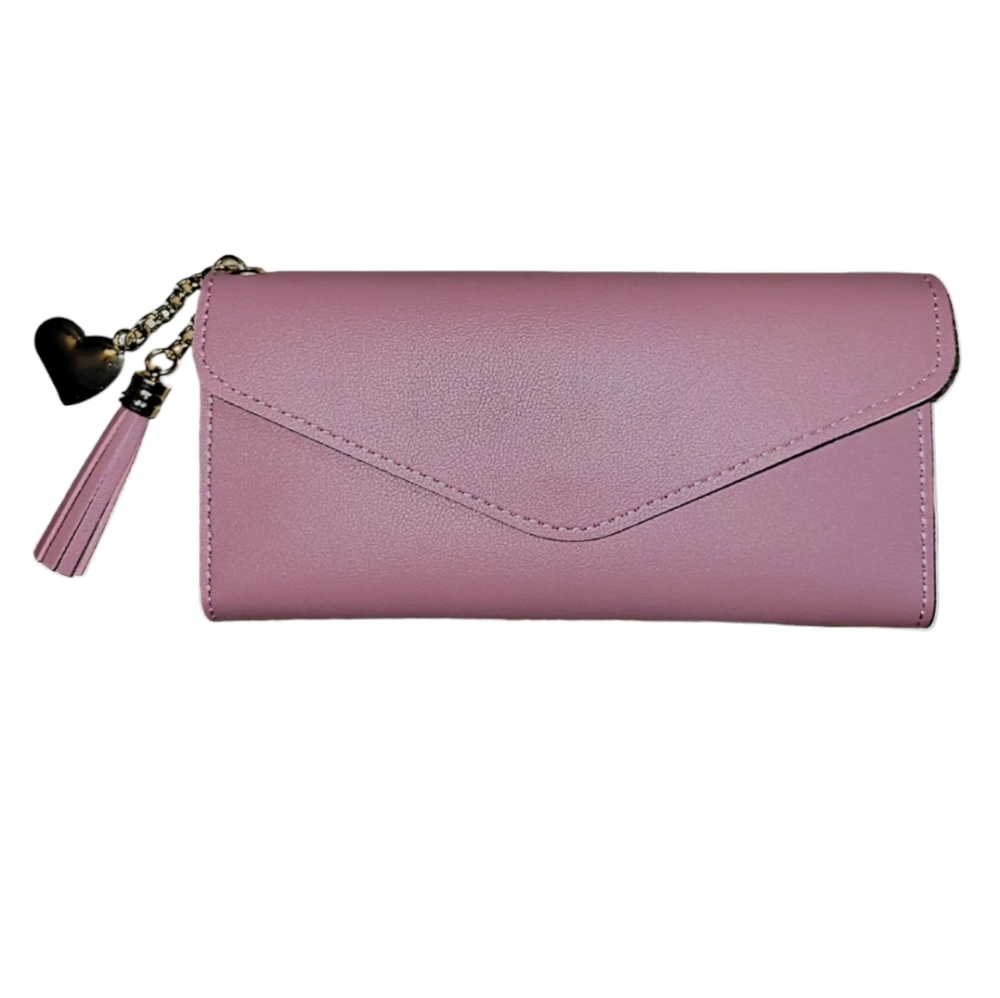 Pink Heart Faux Leather Trifold Long Wallet with Tassle & Gold Heart Charms NWOT